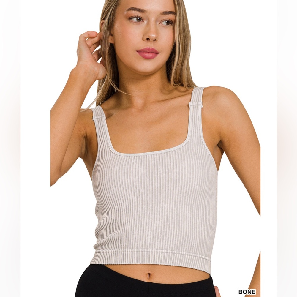NEW Zenana Bone Washed Ribbed Seamless Square Neck Brami Tank Padded L/XL